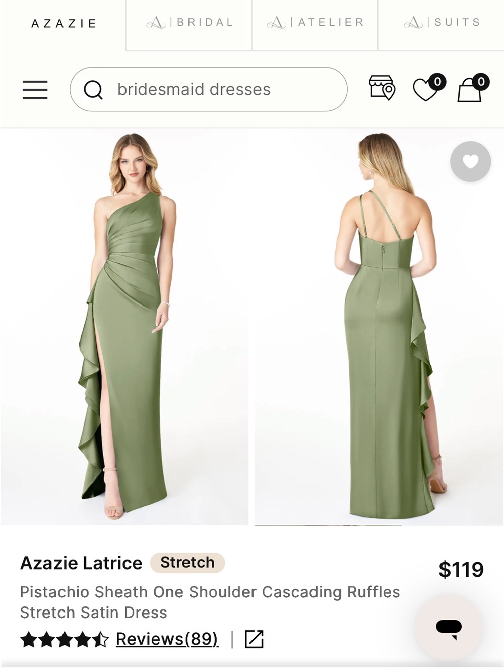 Azazie Latrice Pistachio dress size 2 in stretch satin